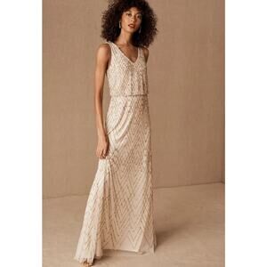 BHLDN Anthropologie Blaise Blush Pink Sheer Chiffon Beaded Maxi Dress Size 2